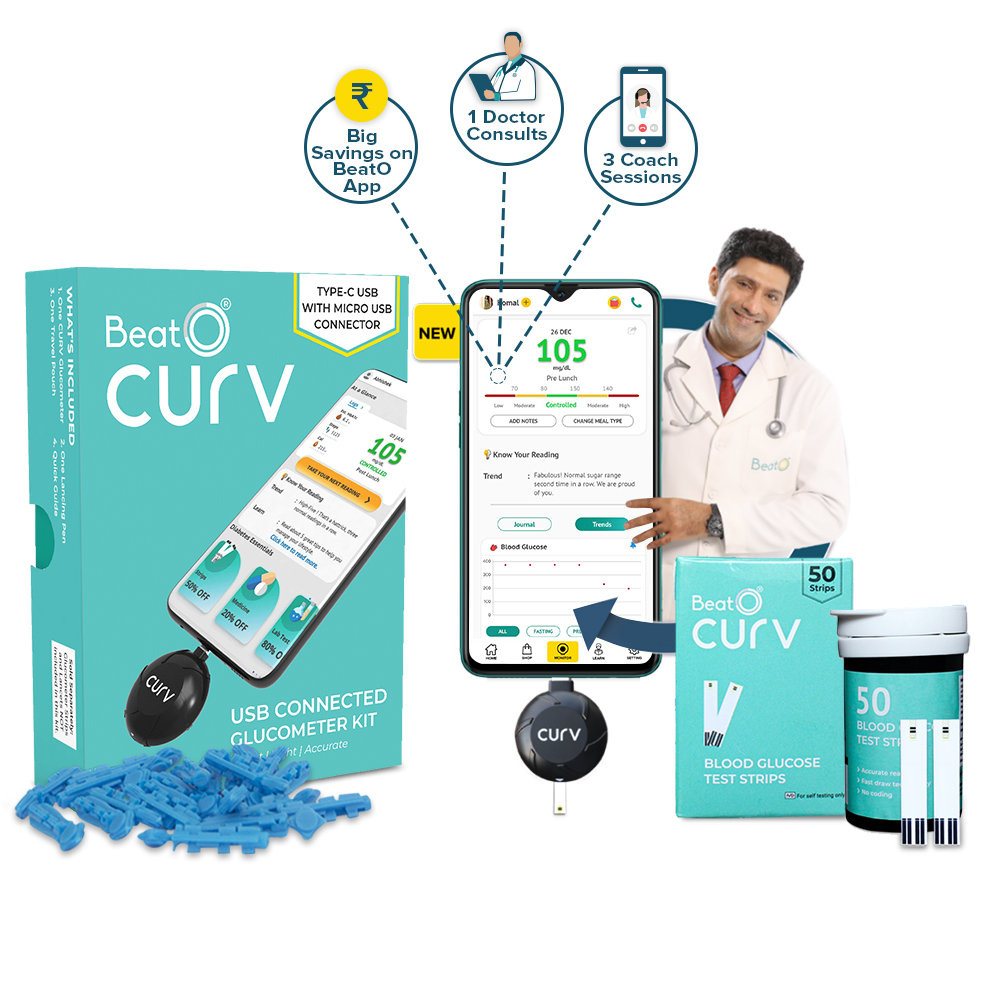 BeatO Curv Smartphone Connected Glucometer Kit with 50 Strips & 50 Lancets (Type-C USB), 1 Count + Free 10-Day Diabetes Care Reversal Program, Pack of 1 BeatO Curv Smartphone Connected Glucometer Kit with 50 Strips & 50 Lancets (Type-C USB), 1 Count + Free 10-Day Diabetes Care Reversal Program, Pack of 1