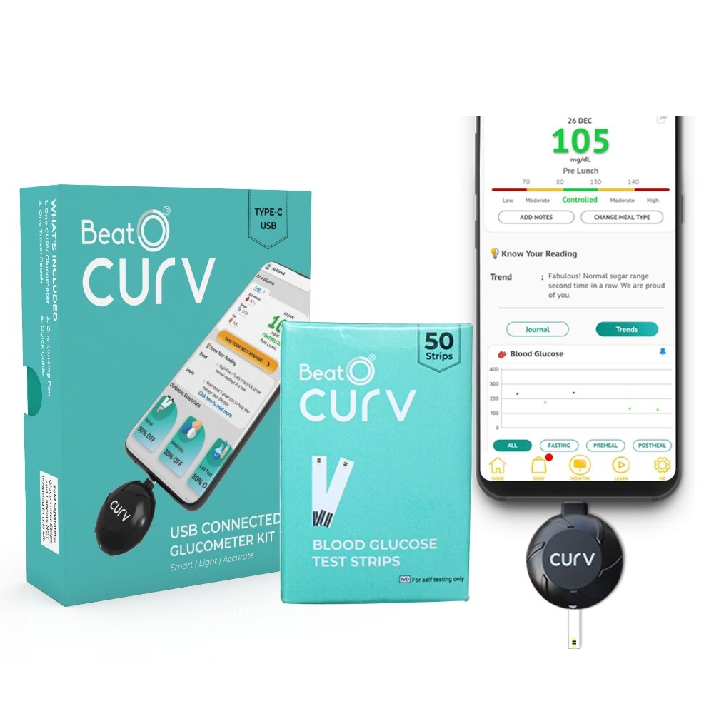 BeatO Curv Smartphone Connected Glucometer Kit with 50 Strips & 50 Lancets (Type-C USB), 1 Count + Free 10-Day Diabetes Care Reversal Program, Pack of 1 BeatO Curv Smartphone Connected Glucometer Kit with 50 Strips & 50 Lancets (Type-C USB), 1 Count + Free 10-Day Diabetes Care Reversal Program, Pack of 1