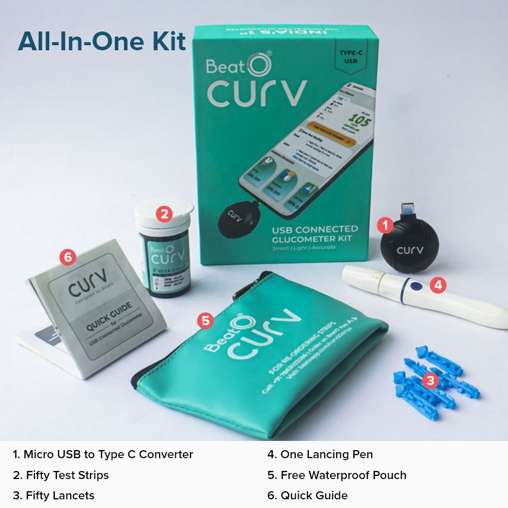 BeatO Curv Smartphone Connected Glucometer Kit with 50 Strips & 50 Lancets (Type-C USB), 1 Count + Free 10-Day Diabetes Care Reversal Program, Pack of 1 BeatO Curv Smartphone Connected Glucometer Kit with 50 Strips & 50 Lancets (Type-C USB), 1 Count + Free 10-Day Diabetes Care Reversal Program, Pack of 1
