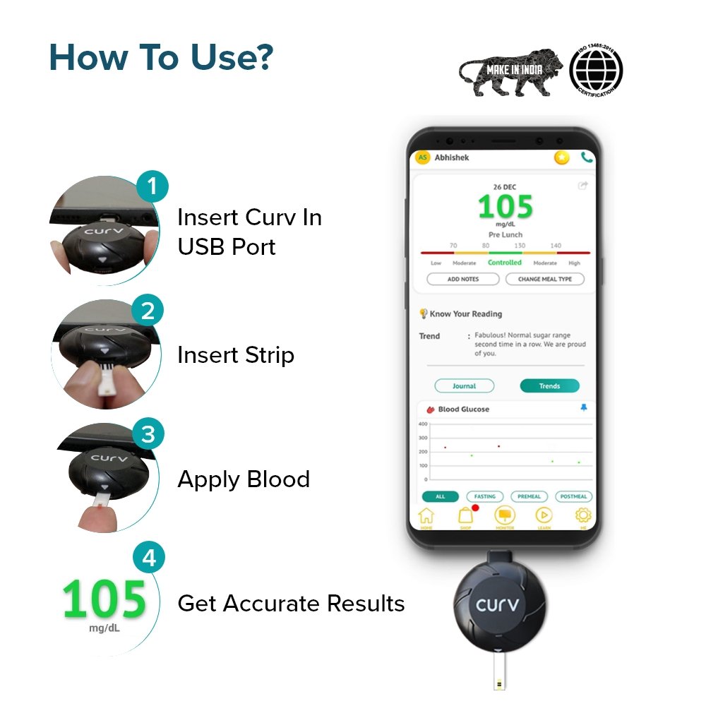 BeatO Curv Smartphone Connected Glucometer Kit with 50 Strips & 50 Lancets (Type-C USB), 1 Count + Free 10-Day Diabetes Care Reversal Program, Pack of 1 BeatO Curv Smartphone Connected Glucometer Kit with 50 Strips & 50 Lancets (Type-C USB), 1 Count + Free 10-Day Diabetes Care Reversal Program, Pack of 1