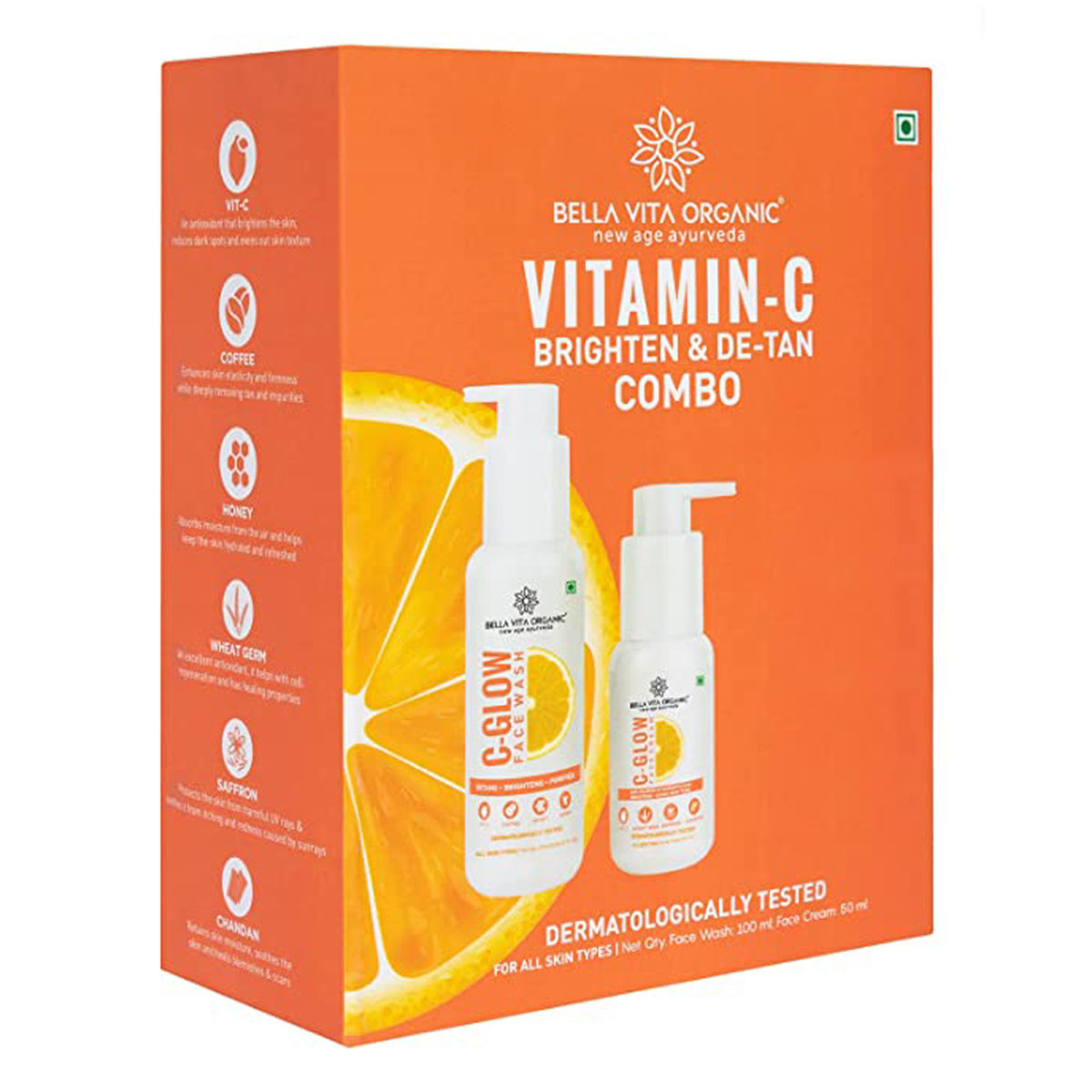 Bella Vita Organic Vitamin C Brighten & DeTan Combo (Face Wash 100 ml+Face Cream 50 ml), 1 Kit