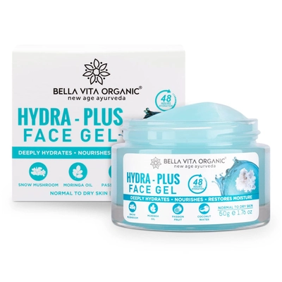 Bella Vita Organic Hydra-Plus Face Gel 50 gm | Snow Mushroom, Moringa Oil, Passion Fruit &amp; Coconut Water | Provides Hydration Upto 48Hr | Nourishes Skin &amp; Restore Skin Moisture | Lightweight | for Men &amp; Women | For Normal To Dry Skin, Pack of 1