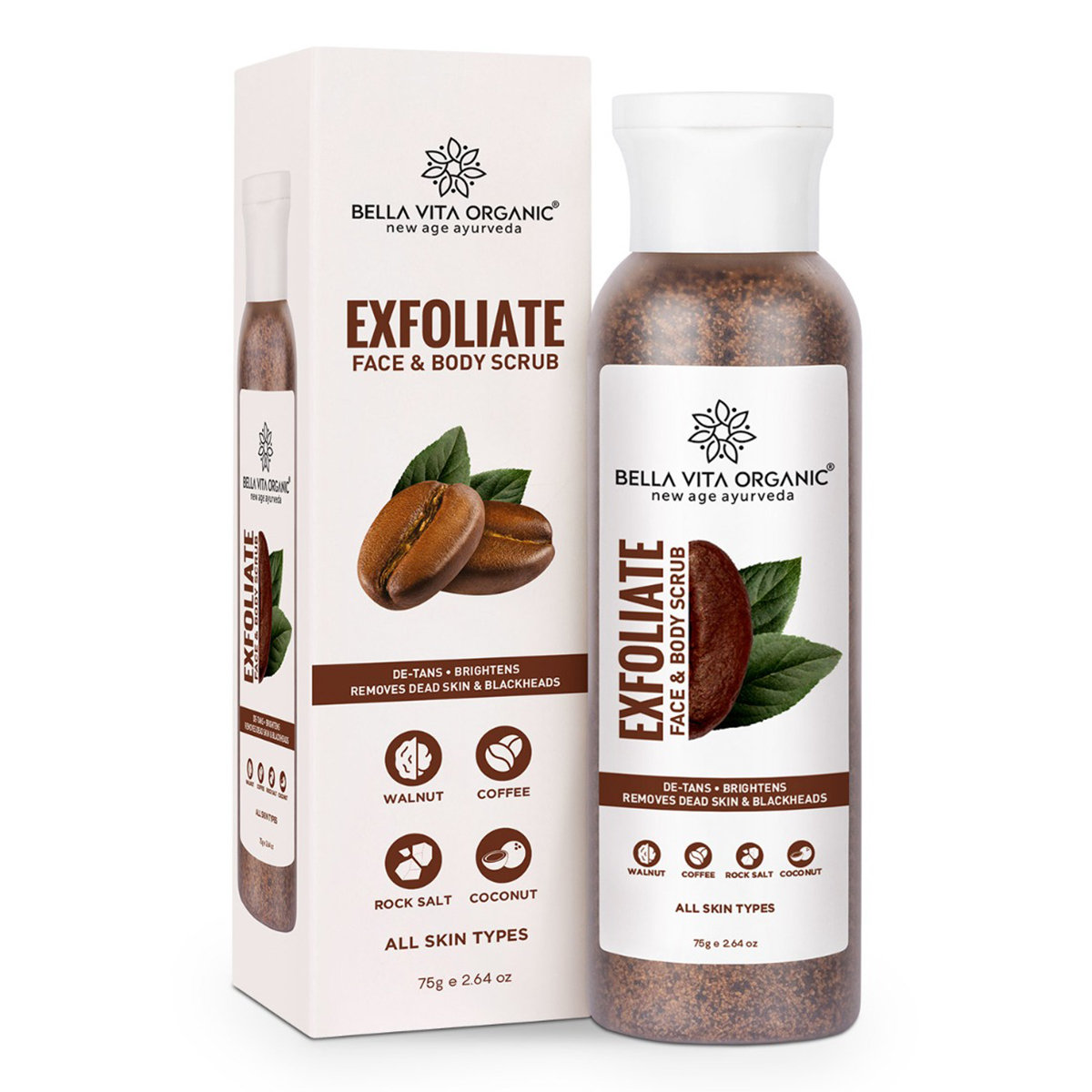 Bella Vita Organic Exfoliate Face & Body Scrub 75 gm | Walnut, Coffee, Rock Salt & Coconut | Helps In Detanning | Removes Dead Cells & Blackheads | Brightens Skin | For All Skin Type, Pack of 1 Bella Vita Organic Exfoliate Face & Body Scrub 75 gm | Walnut, Coffee, Rock Salt & Coconut | Helps In Detanning | Removes Dead Cells & Blackheads | Brightens Skin | For All Skin Type, Pack of 1