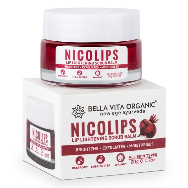 Bella Vita Organic NicoLips Lip Lightening Scrub Balm 20 gm | Beetroot, Shea Butter & Walnut | Lightens, Moisturises & Repairs Dry, Damaged & Chapped Lips | For Men & Women | For All Skin Type