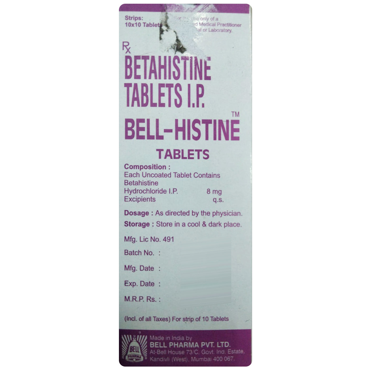 Bell-Histine 8 mg Tablet 10's, Pack of 10 TABLETS Bell-Histine 8 mg Tablet 10's, Pack of 10 TABLETS