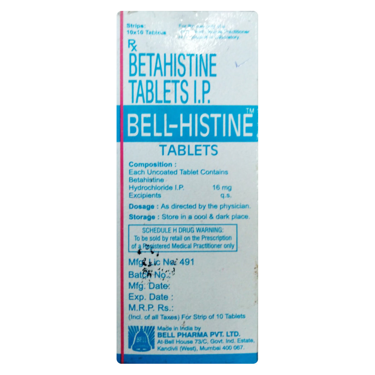 Bell-Histine 16 mg Tablet 10's, Pack of 10 TABLETS Bell-Histine 16 mg Tablet 10's, Pack of 10 TABLETS