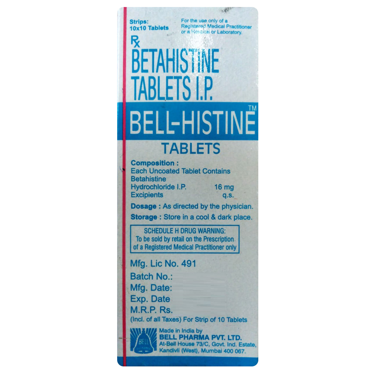 Bell-Histine 16 mg Tablet 10's, Pack of 10 TABLETS Bell-Histine 16 mg Tablet 10's, Pack of 10 TABLETS