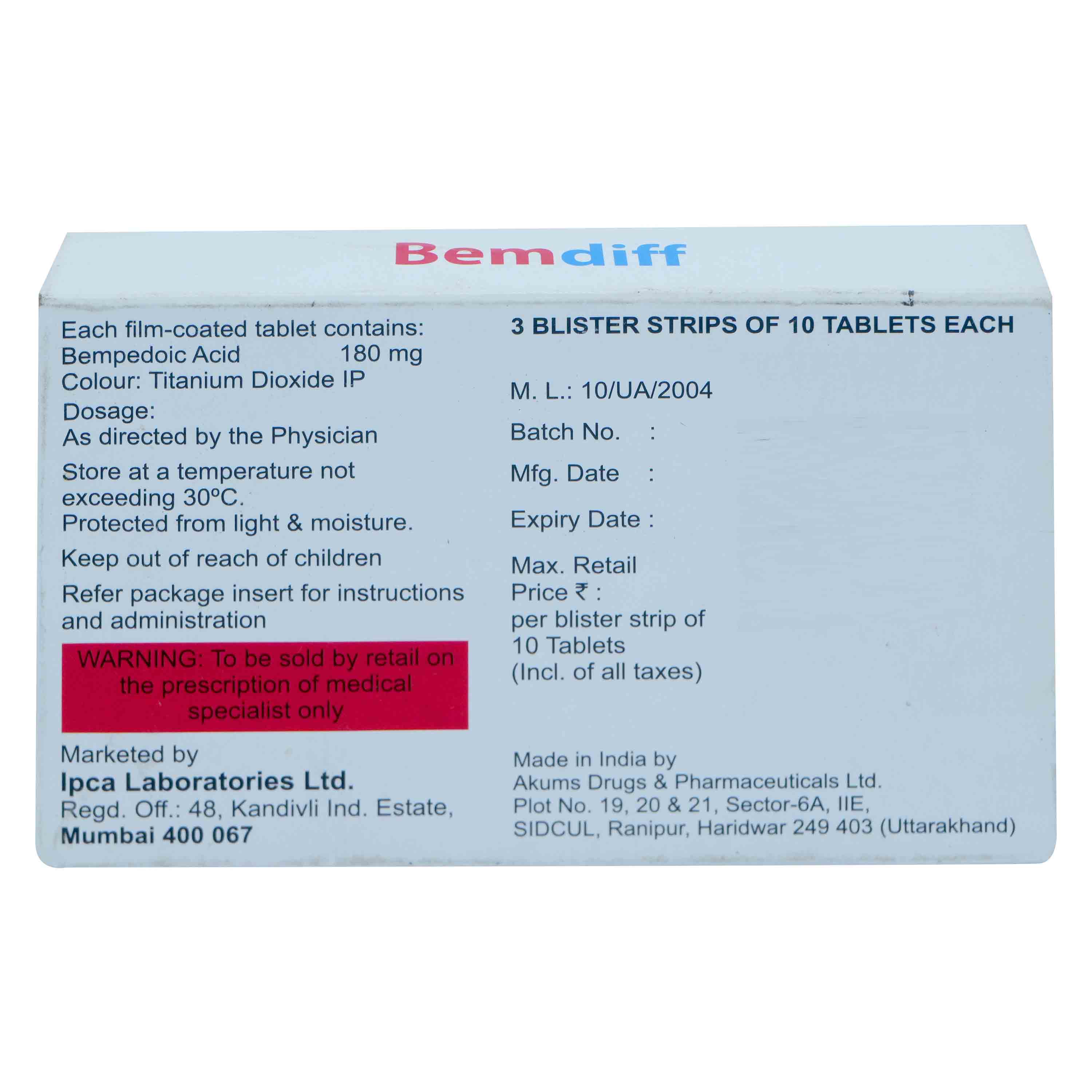 Bemdiff 180 mg Tablet 10's, Pack of 10 TabletS Bemdiff 180 mg Tablet 10's, Pack of 10 TabletS