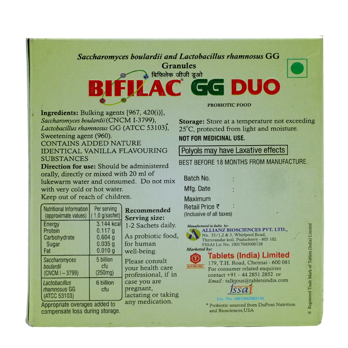 Bifilac GG DUO Vanilla Sachet 1 gm, Pack of 1 Powder Bifilac GG DUO Vanilla Sachet 1 gm, Pack of 1 Powder