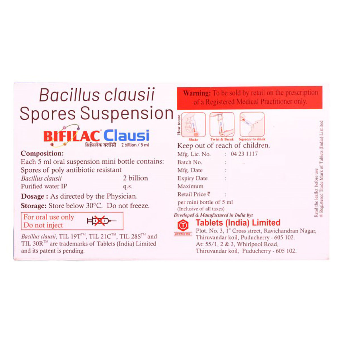 Bifilac Clausi Suspension 10 x 5 ml, Pack of 10 Oral SuspensionS Bifilac Clausi Suspension 10 x 5 ml, Pack of 10 Oral SuspensionS