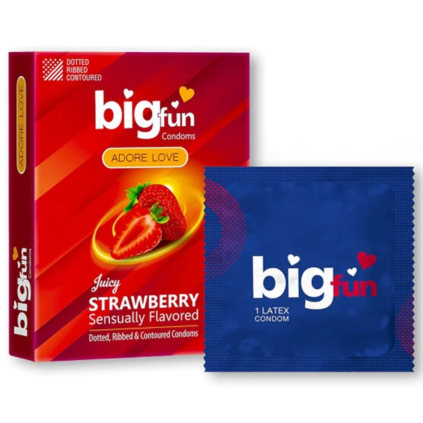 Bigfun Juicy Strawberry Flavour Condoms, 3 Count, Pack of 1