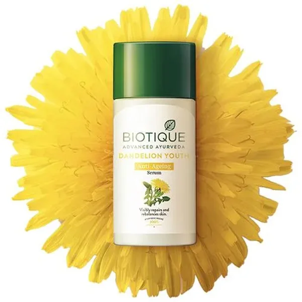 Biotique Dandelion Youth Anti-Ageing Serum 35 ml | Dandelion, Almond | Reduces Dark Spots &amp; Wrinkles | Visibly Repair &amp; Rebalanced Skin | 100% Botanical Extract | For All Skin Type, Pack of 1