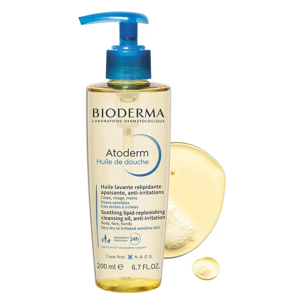 Bioderma Atoderm Huile De Douche Cleansing Oil 200 ml | Soothes Skin Irritation | 24 Hrs Of Hydration | For Face, Hands &amp; Body | For Very Dry To Irritated Sensitive Skin, Pack of 1