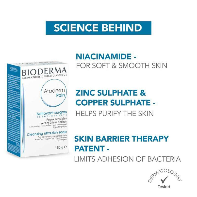 Bioderma Atoderm Pain Cleansing Ultra Rich Soap 150 gm | Niacinamide, Zinc Sulphate, Copper Sulphate | Gentle Cleansing | For Dry To Very Dry Sensitive Skin, Pack of 1 Bioderma Atoderm Pain Cleansing Ultra Rich Soap 150 gm | Niacinamide, Zinc Sulphate, Copper Sulphate | Gentle Cleansing | For Dry To Very Dry Sensitive Skin, Pack of 1