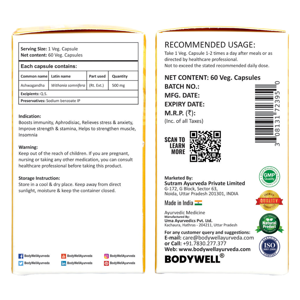 Bodywell Ashwagandha, 500 mg, 60 Veg Capsules, Pack of 1 Bodywell Ashwagandha, 500 mg, 60 Veg Capsules, Pack of 1