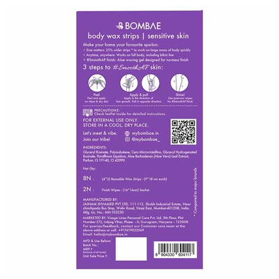 Bombay Shaving Company Body Wax Strips aloe-ha glow for Sensitive Skin, 8 Count, Pack of 1