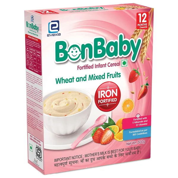 Evexia Bonbaby Wheat &amp; Mixed Fruit Cereal for 12 Months, 300 gm Refill, Pack of 1