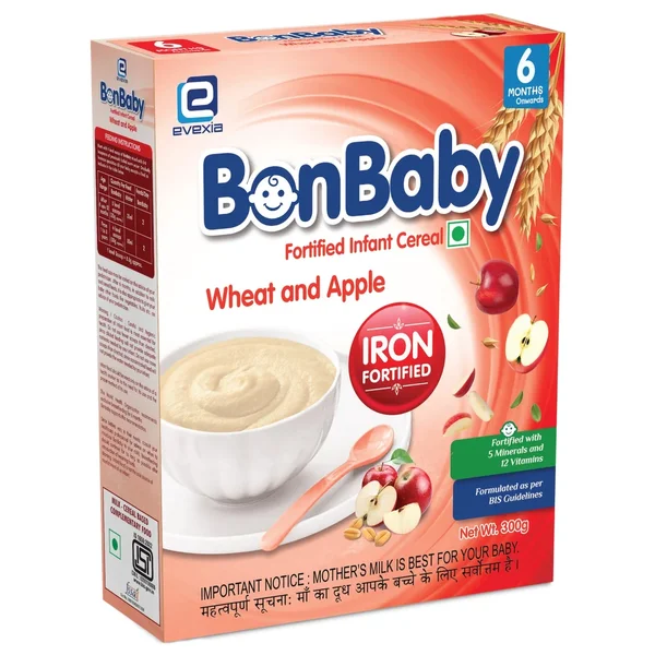 Bonbaby Infant Cereal Wheat and Apple Cereal (6 Months Onwards), 300 gm Refill Pack, Pack of 1