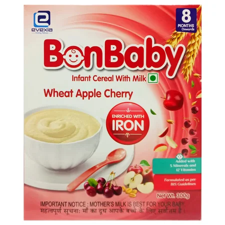 Evexia Bonbaby Wheat Apple Cherry Cereal for 8 Months, 300 gm Refill