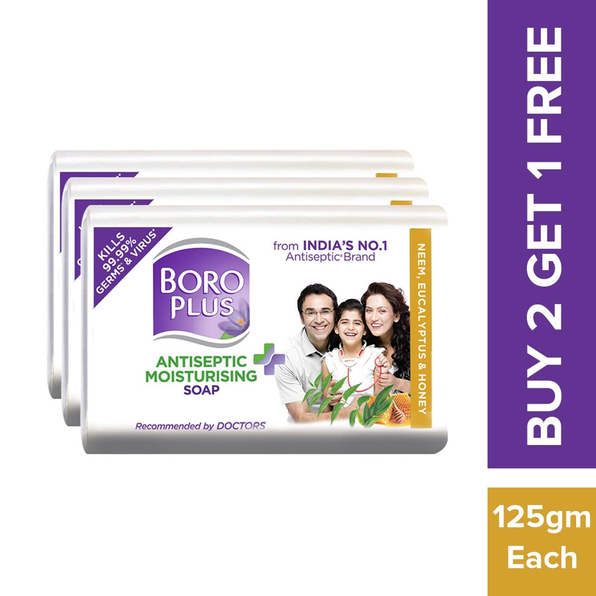 Boroplus Antiseptic + Moisturising Soap With Neem, Eucalyptus & Honey 125 gm (Buy 2, Get 1 Free), Pack of 1 Boroplus Antiseptic + Moisturising Soap With Neem, Eucalyptus & Honey 125 gm (Buy 2, Get 1 Free), Pack of 1