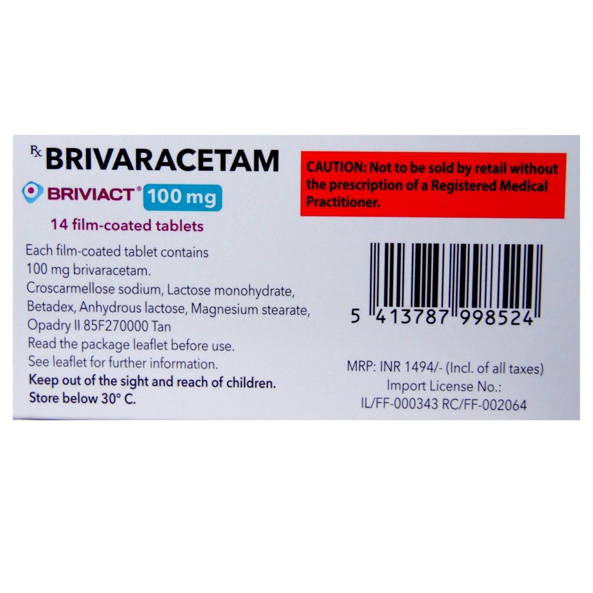 Briviact 100 mg Tablet 14's, Pack of 14 TABLETS Briviact 100 mg Tablet 14's, Pack of 14 TABLETS