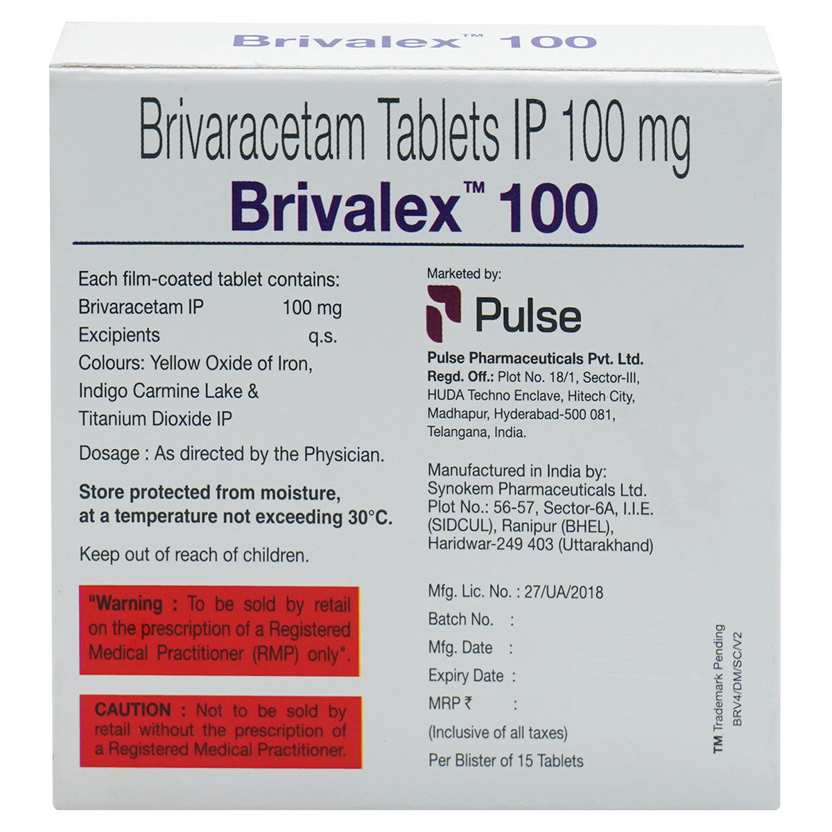 Brivalex 100 Tablet 15's, Pack of 15 TABLETS Brivalex 100 Tablet 15's, Pack of 15 TABLETS