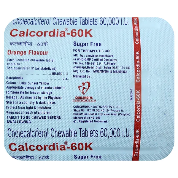 Calcordia-60K Sugar Free Orange Flavour Chewable Tablet 4's