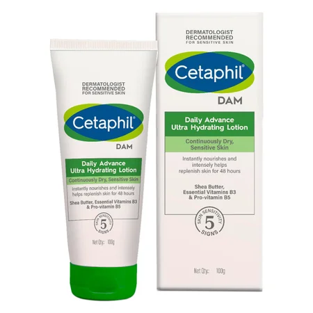 Cetaphil DAM Daily Advance Ultra Hydrating Lotion 100 gm | Shea Butter, Essentials Vitamin B3, Pro Vitamin B5 | Nourishes Skin for 48 hrs | Protect Moisture Loss For Continuously Dry, Sensitive Skin