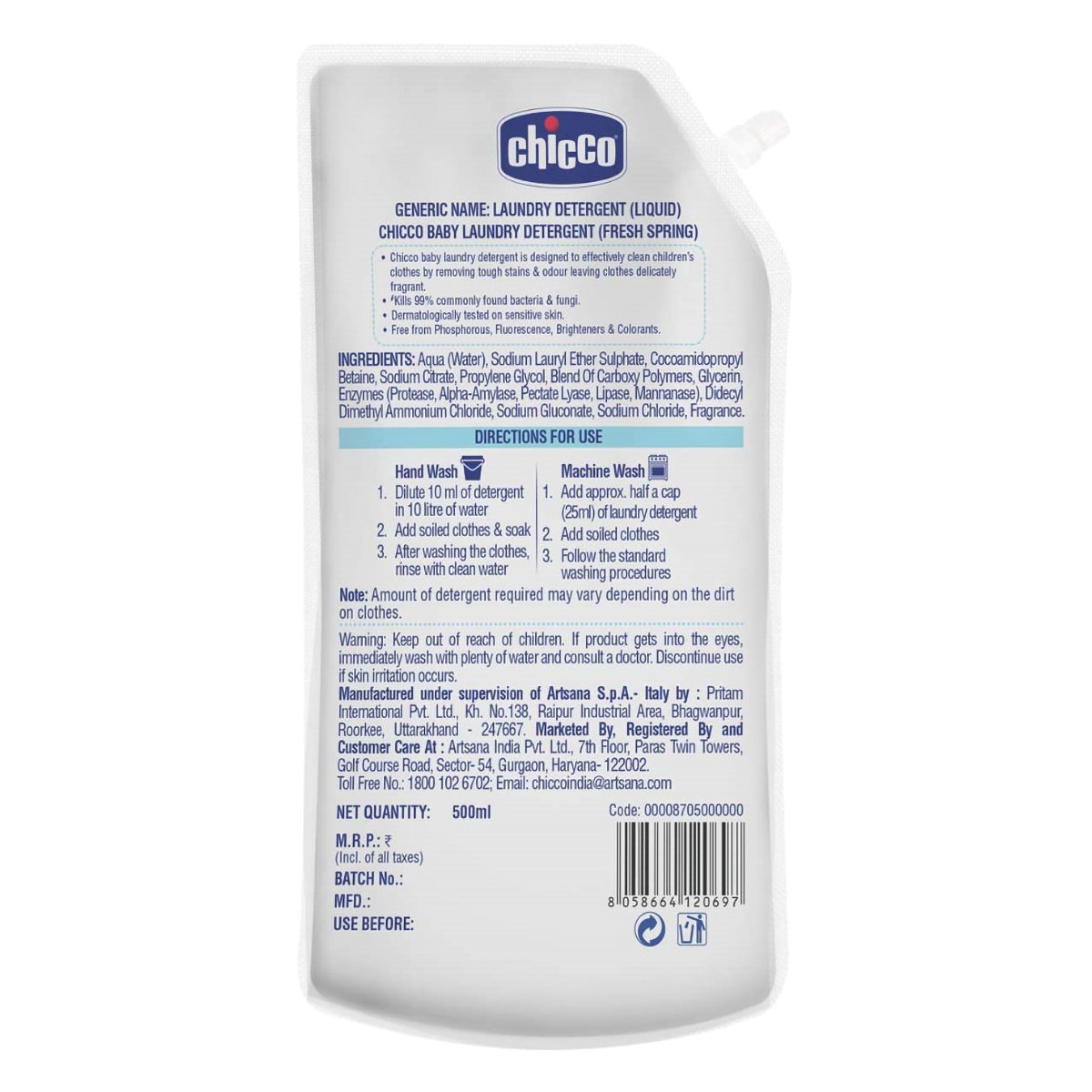 Chicco Baby Laundry Detergent Fresh Spring Liquid, 500 ml, Pack of 1 Chicco Baby Laundry Detergent Fresh Spring Liquid, 500 ml, Pack of 1