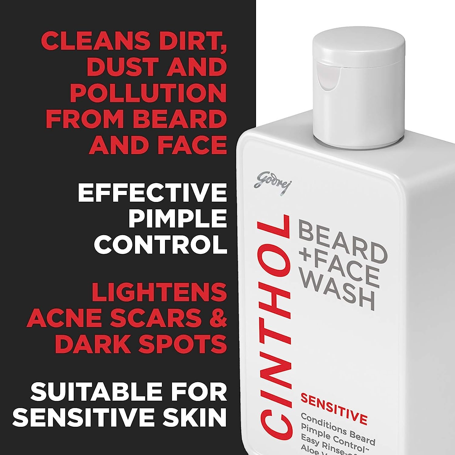 Cinthol Beard+Face Wash Sensitive 100 ml | Aloe Vera Extract | Effectively Control Pimple | Dual Cleansing System | For Men | For Sensitive Skin, Pack of 1 Cinthol Beard+Face Wash Sensitive 100 ml | Aloe Vera Extract | Effectively Control Pimple | Dual Cleansing System | For Men | For Sensitive Skin, Pack of 1