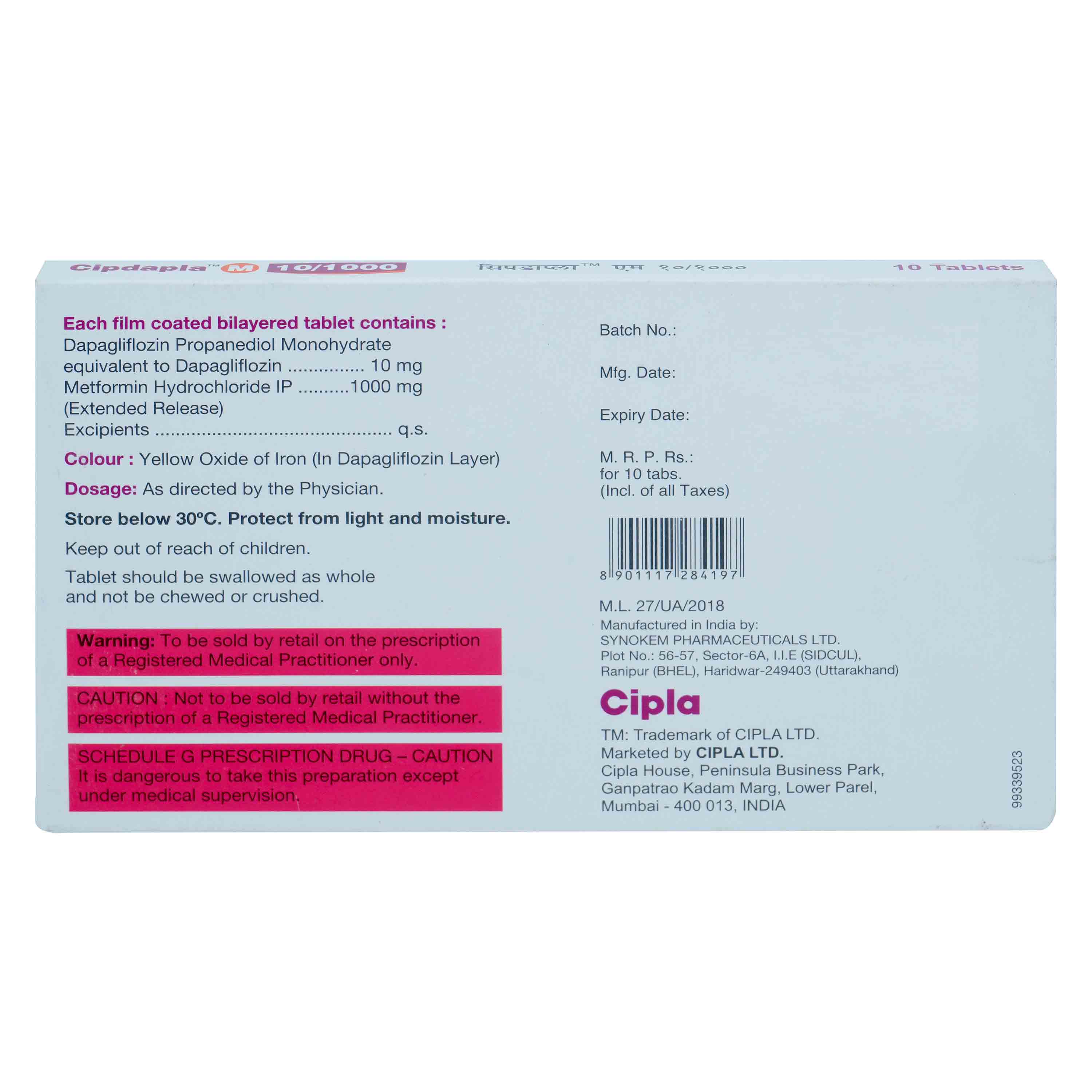 Cipdapla M 10/1000 Tablet 10's, Pack of 10 TabletS Cipdapla M 10/1000 Tablet 10's, Pack of 10 TabletS