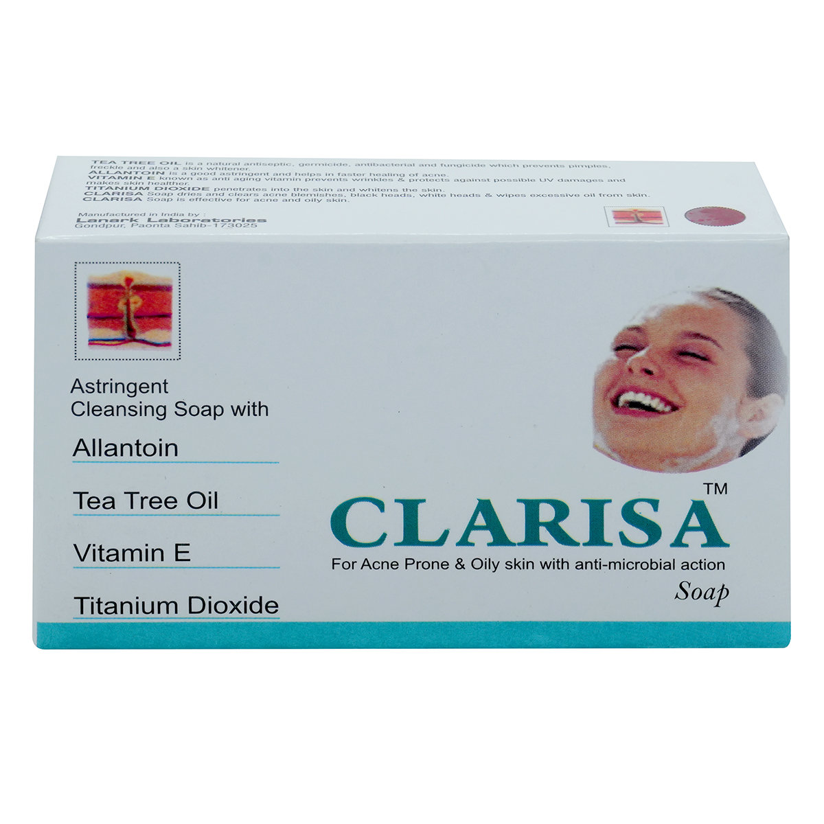 Clarisa Soap 75 gm | Allantoin, Tea Tree Oil, Vitamin E, Titanium Oxide | Clear Acne Blemishes, Blackhead & Whiteheads | Remove Excess Oil | Antimicrobial Properties | For Acne Prone & Oily Skin, Pack of 1 Clarisa Soap 75 gm | Allantoin, Tea Tree Oil, Vitamin E, Titanium Oxide | Clear Acne Blemishes, Blackhead & Whiteheads | Remove Excess Oil | Antimicrobial Properties | For Acne Prone & Oily Skin, Pack of 1