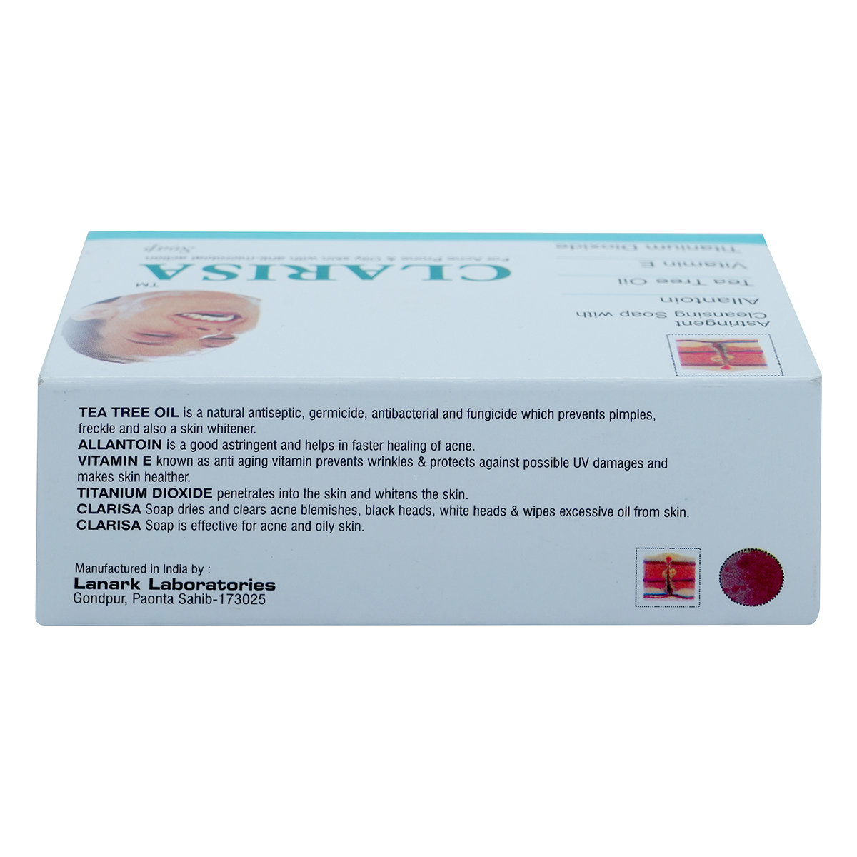 Clarisa Soap 75 gm | Allantoin, Tea Tree Oil, Vitamin E, Titanium Oxide | Clear Acne Blemishes, Blackhead & Whiteheads | Remove Excess Oil | Antimicrobial Properties | For Acne Prone & Oily Skin, Pack of 1 Clarisa Soap 75 gm | Allantoin, Tea Tree Oil, Vitamin E, Titanium Oxide | Clear Acne Blemishes, Blackhead & Whiteheads | Remove Excess Oil | Antimicrobial Properties | For Acne Prone & Oily Skin, Pack of 1