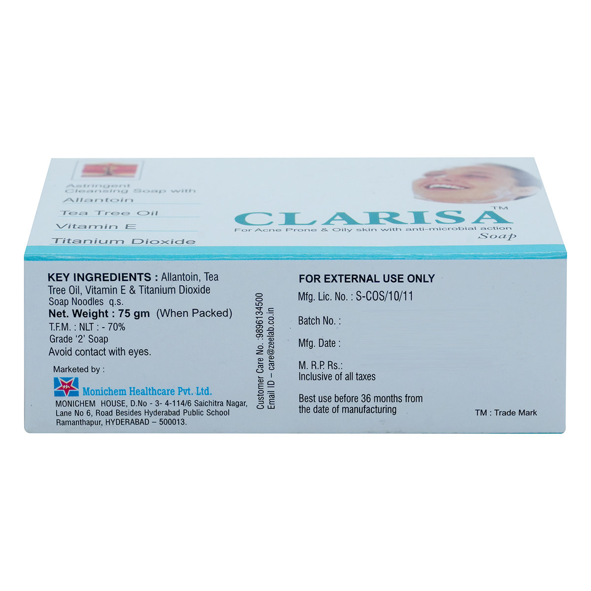 Clarisa Soap 75 gm | Allantoin, Tea Tree Oil, Vitamin E, Titanium Oxide | Clear Acne Blemishes, Blackhead & Whiteheads | Remove Excess Oil | Antimicrobial Properties | For Acne Prone & Oily Skin, Pack of 1 Clarisa Soap 75 gm | Allantoin, Tea Tree Oil, Vitamin E, Titanium Oxide | Clear Acne Blemishes, Blackhead & Whiteheads | Remove Excess Oil | Antimicrobial Properties | For Acne Prone & Oily Skin, Pack of 1
