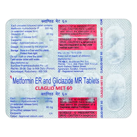 Claglid Met 60 mg/500 mg Tablet 10's