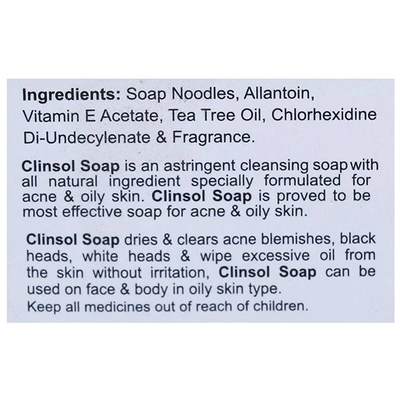 Clinsol Soap, 75 gm | With tea Tree Oil &amp; Vitamin E | Combats Acne | For Face &amp; Body| For Acne &amp; Oily Skin, Pack of 1