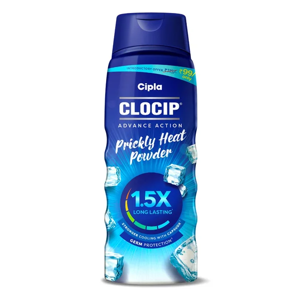 Clocip Advance Action Prickly Heat Powder 150 gm | Germ Protection | Relives Skin Rashes, Itching, Burning &amp; Prickly Heat | 1.5X Long lasting Cooling, Pack of 1