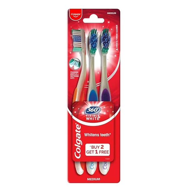 Colgate 360° Visible White Whole Mouth Clean Medium Toothbrush, 3 Count (Buy 2, Get 1 Free)