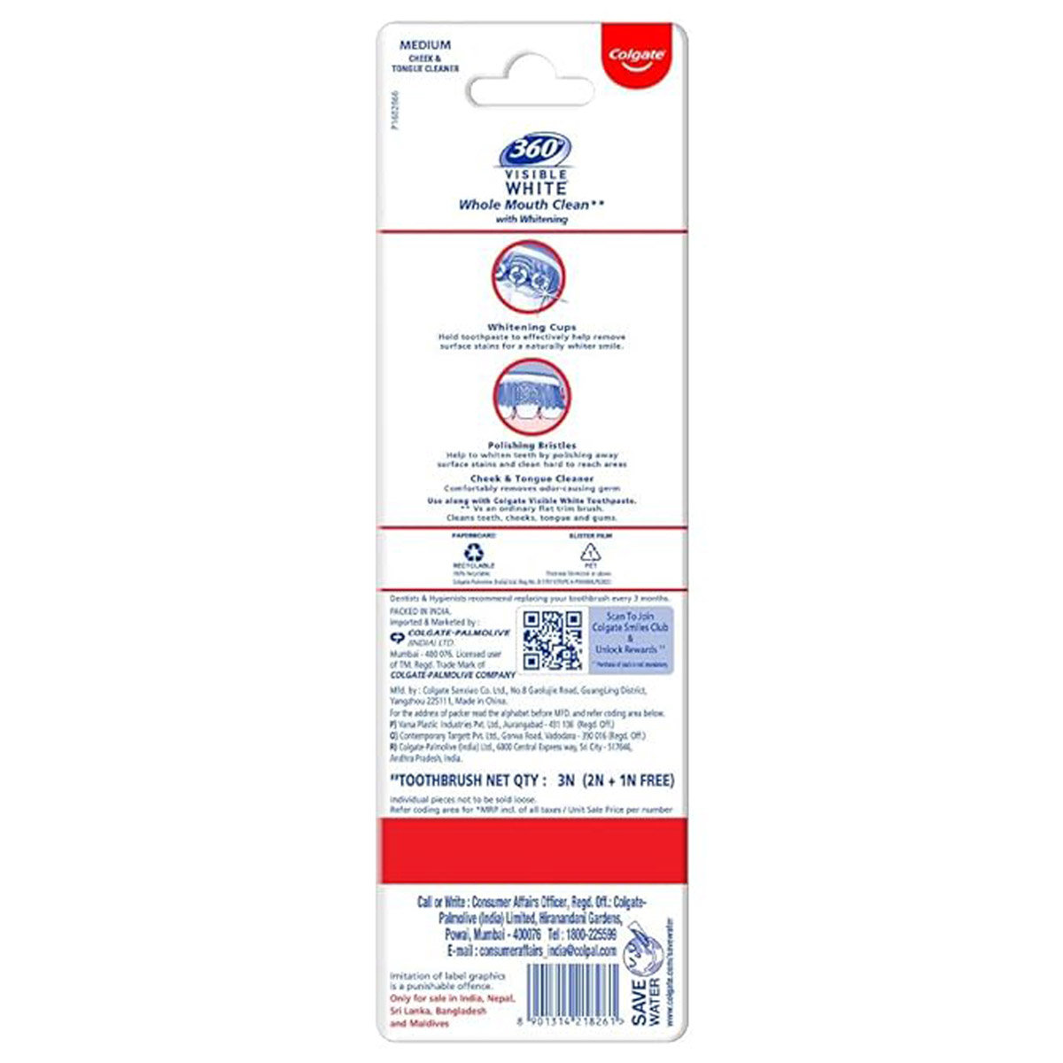 Colgate 360° Visible White Whole Mouth Clean Medium Toothbrush, 3 Count (Buy 2, Get 1 Free), Pack of 1 Colgate 360° Visible White Whole Mouth Clean Medium Toothbrush, 3 Count (Buy 2, Get 1 Free), Pack of 1