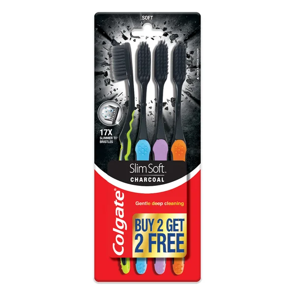 Colgate Slim Soft Charcoal Toothbrush, 4 Count (Buy 2, Get 2 Free), Pack of 1