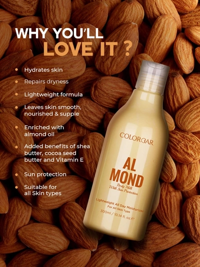 Colorbar Almond Body Milk 300 ml | Enriched With Avocado Oil | Sun Protection | All Day Moisturization | Deep Hydration | Lightweight | For All Skin Type, Pack of 1