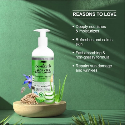 Colorbar Co-Earth Aloe Vera Body Lotion 300 ml | Vitamin E, Oat Lipids &amp; Borage Oil | Deep Moisturisation | Soothes &amp; Hydrates | Gives Smooth Skin | Lightweight &amp; Fast Absorbing, Pack of 1