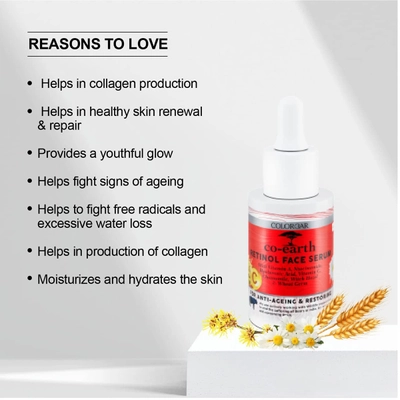 Colorbar Co-Earth Retinol Face Serum 30 ml | Vitamin A, Niacinamide, Hyaluronic Acid, Vitamin C, Chamomile, Witch Hazel &amp; Wheatgerm | Fights Signs Og Ageing | Moiturises &amp; Hydrates Skin, Pack of 1