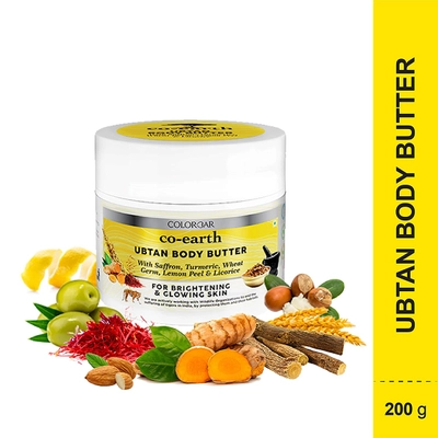 Colorbar Co-Earth Ubtan Body Butter 200 gm | Saffron, Turmeric, Wheatgerm, Lemon Peel &amp; Licorice | Intenses Moisturization | Hydrates Dry Skin | Promotes Skin Brightening | For Glowing Skin, Pack of 1