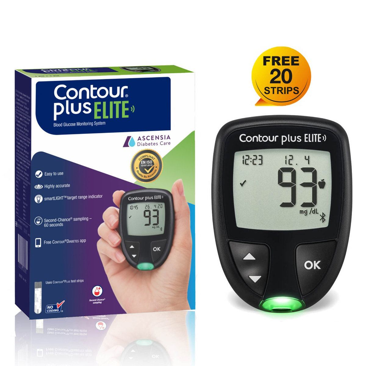 Contour Plus Elite Blood Glucose Monitoring System with Free 20 Strips, 1 Kit, Pack of 1 Contour Plus Elite Blood Glucose Monitoring System with Free 20 Strips, 1 Kit, Pack of 1