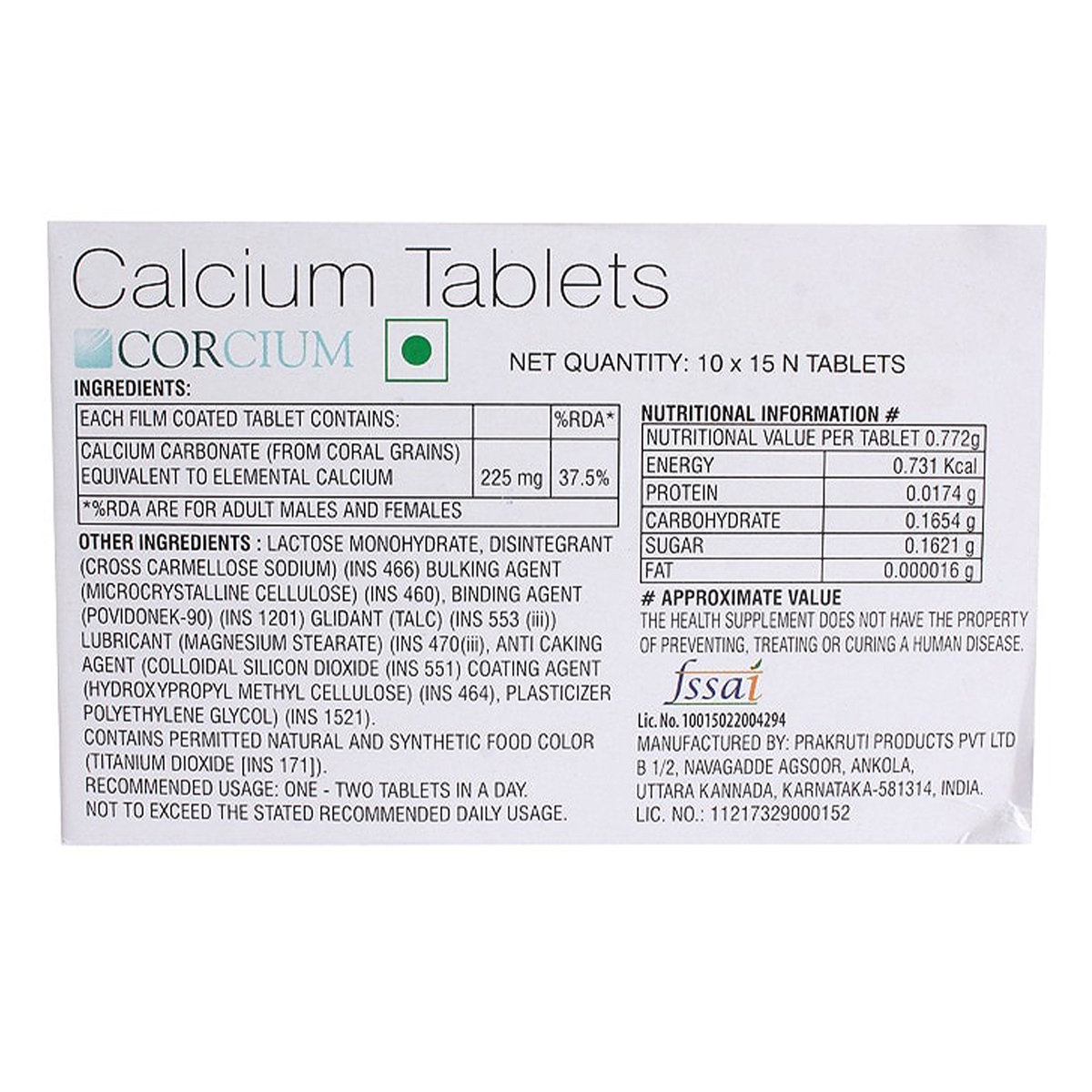 Corcium Tablet 15's, Pack of 15 TABLETS Corcium Tablet 15's, Pack of 15 TABLETS