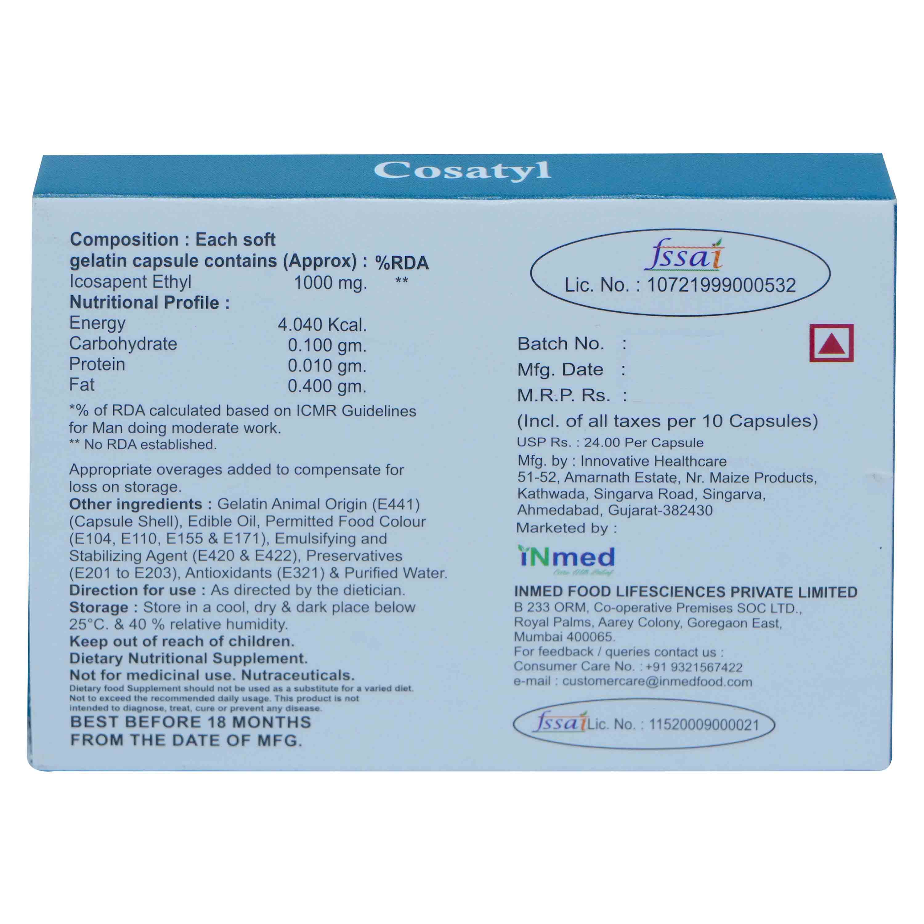 Cosatyl 1000 mg Softgel Capsule 10's, Pack of 10 Cosatyl 1000 mg Softgel Capsule 10's, Pack of 10