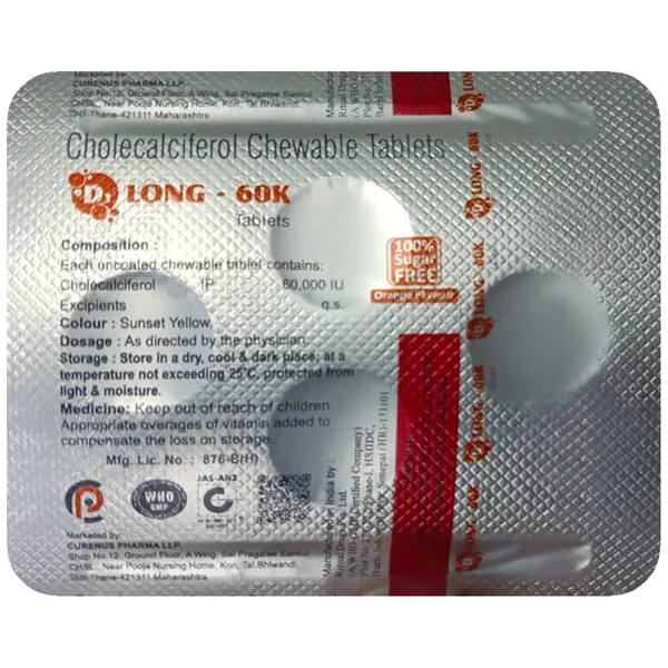 D3 Long-60K Sugar Free Orange Flavour Chewable Tablet 4's