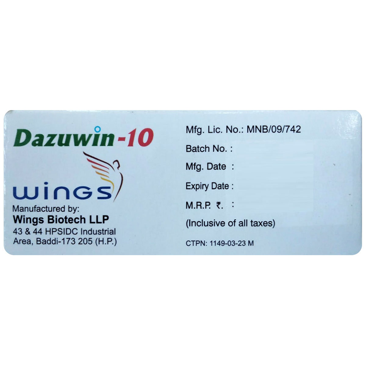 Dazuwin-10 Tablet 10's, Pack of 10 TABLETS Dazuwin-10 Tablet 10's, Pack of 10 TABLETS