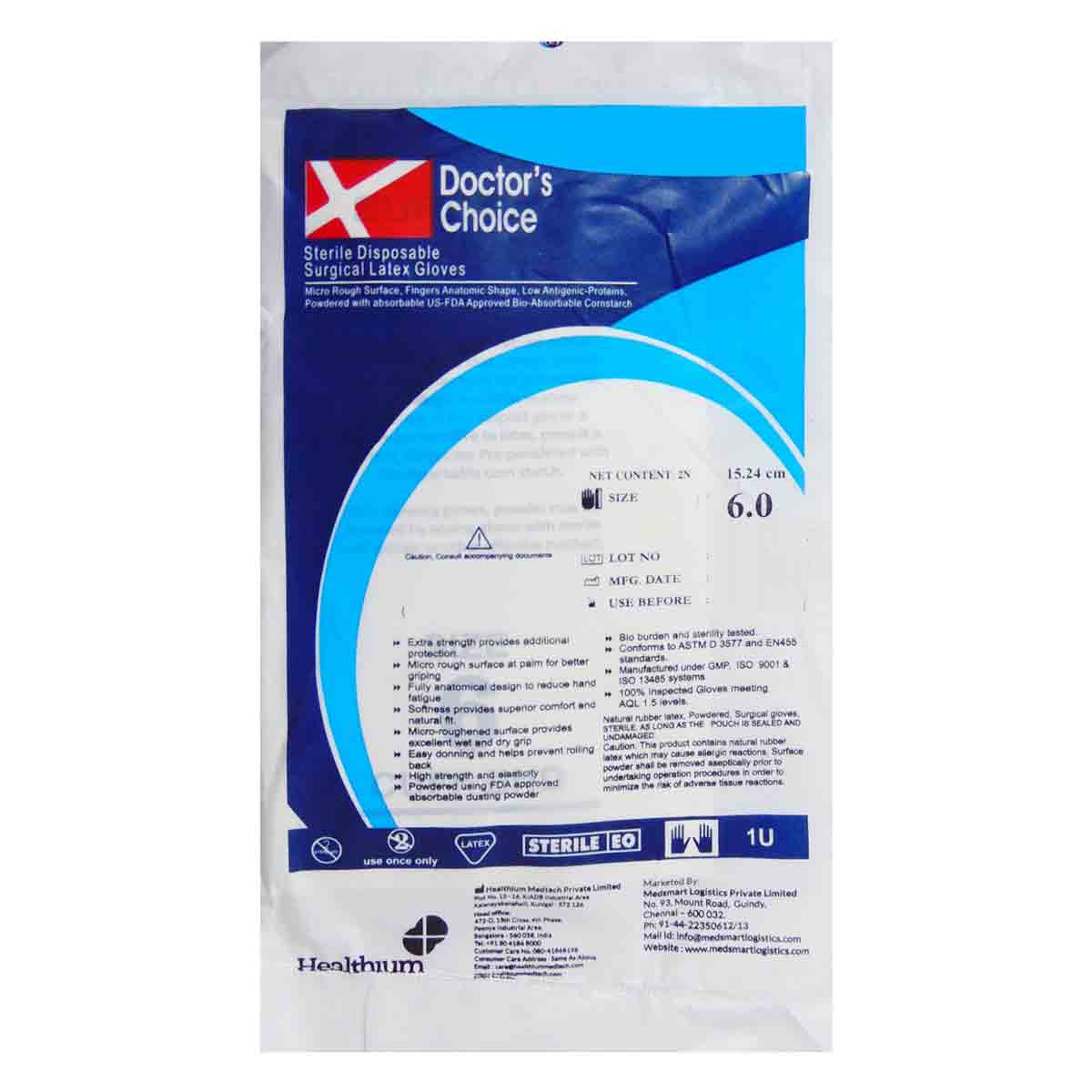 Buy Doctor's Choice Sterile Disposable Surgical Latex Gloves Size-6.0, 1 Pair Online